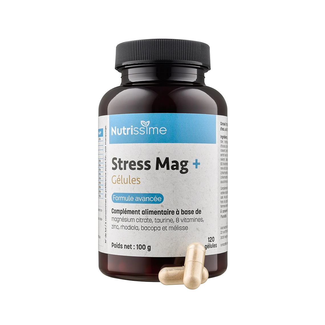 Photographie packshot d'une boite de compléments alimentaires, contre le stress sur un fond blanc, avec des gelules devant le flacon - Photographe packshot cosmétiques - photographe compléments alimentaires - photographe produits cosmétiques - Aurore Aivrest